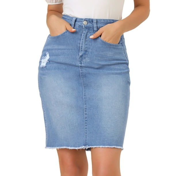 Falda Vaquera Allegra K Midi Desgastada Cintura Alta Dobladillo Rasgado Mujer Cielo Azul M