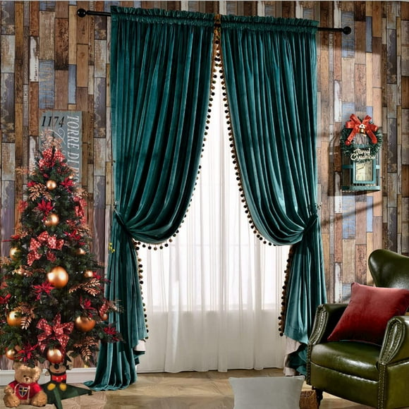 Melodieux Pom Poms Velvet Blackout Lined Curtains Extra Wide for Patio Doors, Vintage Luxury Bedroom Living Room Thermal Insulated Rod Pocket Drapes, 100" W x 84" L, Antique Green (2 Panels)