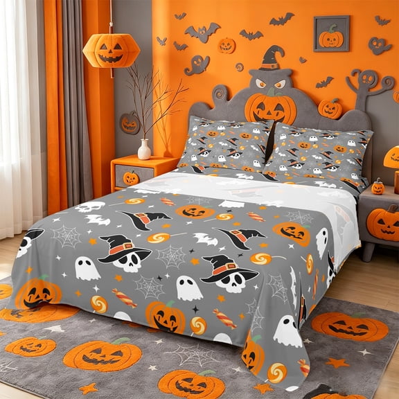 Homewish Spooky Halloween Themed Bed Sheets,Witch Hat Skull Pumpkin Candy Pattern Full Size Sheets,Gray Black,4pcs,1 Flat Sheet,1 Fitted Sheet and 2 Pillowcases