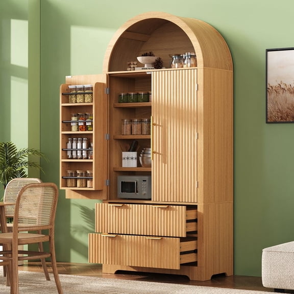 MDIOQIN Kitchen Pantry Cabinet, 72" Tall Fluted Arched Storage Cabinet with 2 Drawers and 8 Adjustable Door Shelves for Living Room, Brown