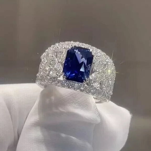 3Ct Radiant Cut Lab Created Blue Sapphire Cluster Wedding Band Ring 14K White Gold Plated Sterling Silver