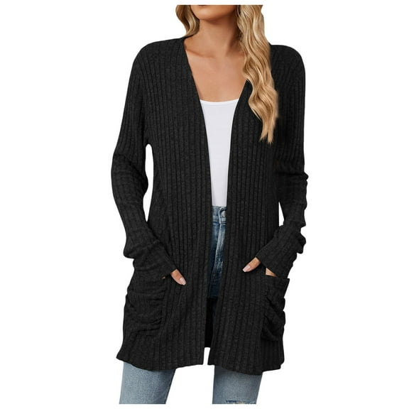 PMVFHDE Women's Solid Color Pocket Long Sleeve Basic Cardigan Knit Top Black,L