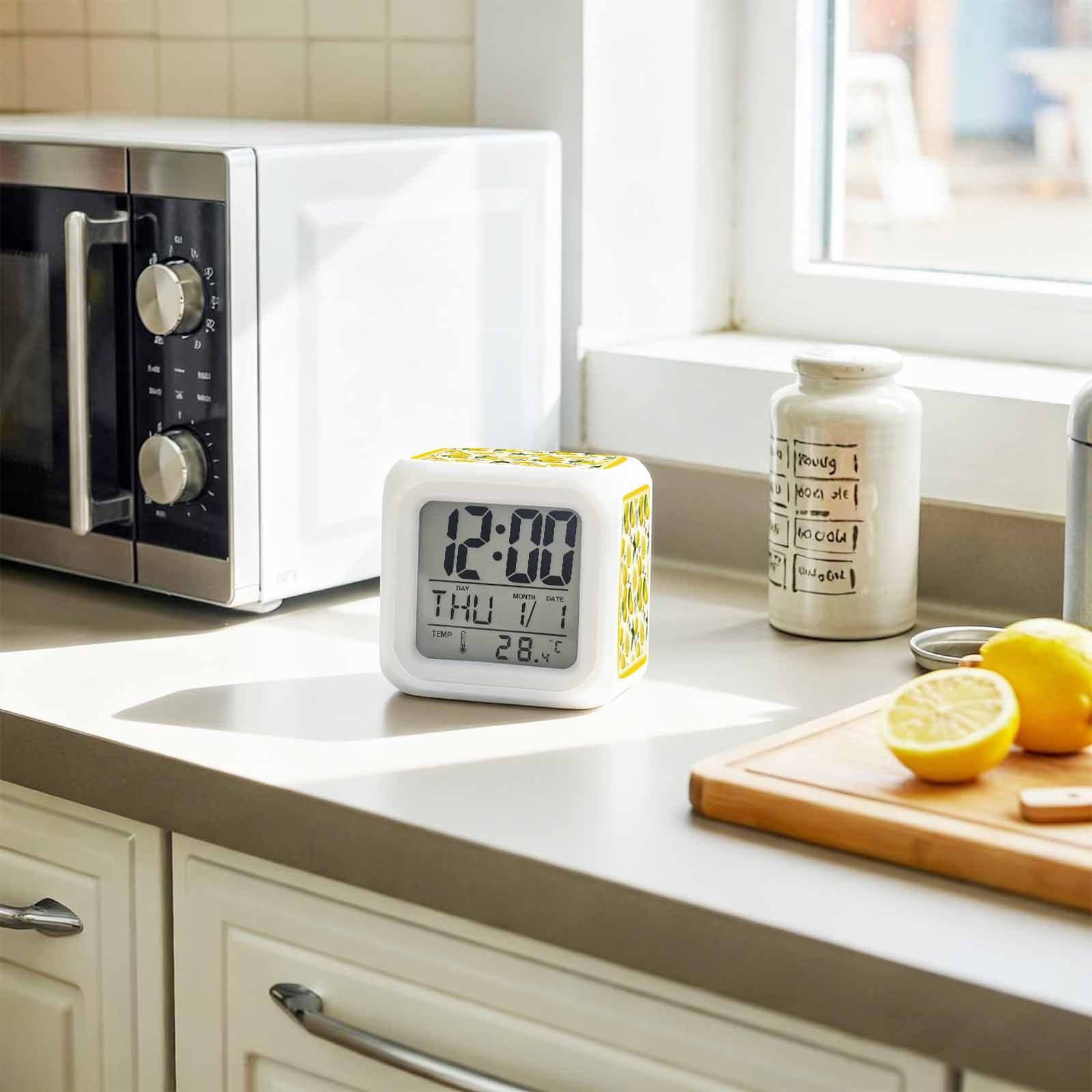 Yellow Summer Lemon Digital Alarm Clock for Bedrooms, Smart LED Alarm Clock with 7 Color Changing Night Light, Summer Botanical Watercolor Silent Wake Up Clocks for Sleep Study Cooking 3.2"x3.2"