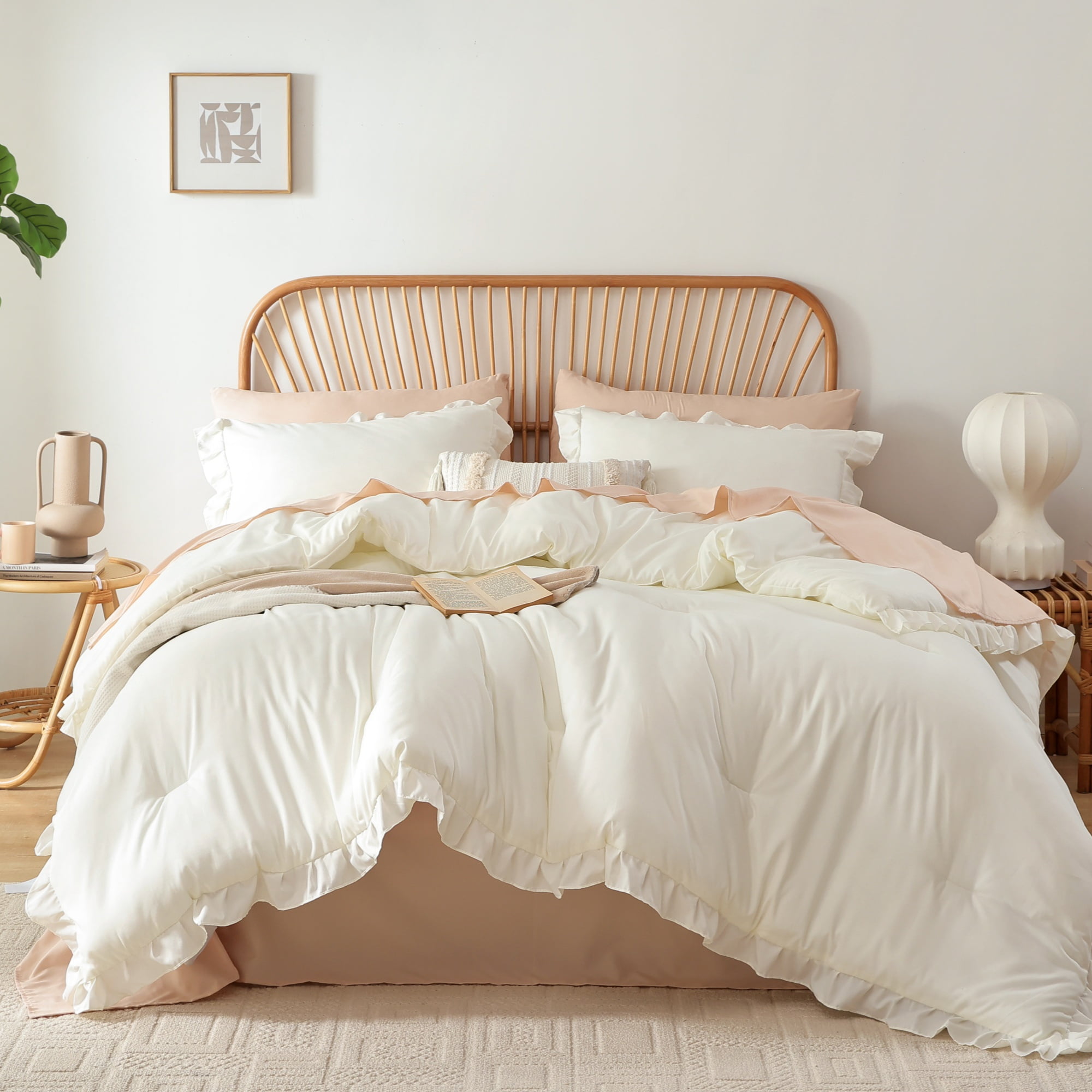 SPRINDAY Queen Comforter Set For Adult, 3 Piece Ruffle Oatmeal Comforter Sets All Season