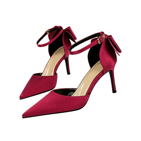 

Sanviglor Women Dress Sandal Pointed-Toe Heeled Sandals Ankle Strap High Heels Party Bowknot Casual Shoes Lightweight Stiletto D Orsay Pumps Wine Red 8cm 5