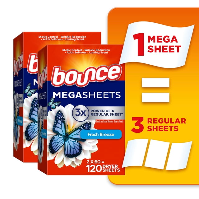 Box of Bounce Mega Sheets Fresh Breeze fabric softener dryer sheets featuring static control, wrinkle reduction, lasting scent, and extra softness with 3 times the power of regular sheets.