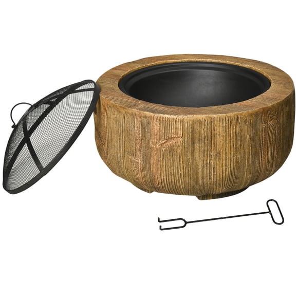 24 Inch Outdoor Wood Burning Fire Pit, Rustic Woodgrain Metal Fireplace with Spark Cover, Poker and Charcoal Grate, Portable Backyard Fire Bowl for Patio, Yard, and Garden, Light Brown