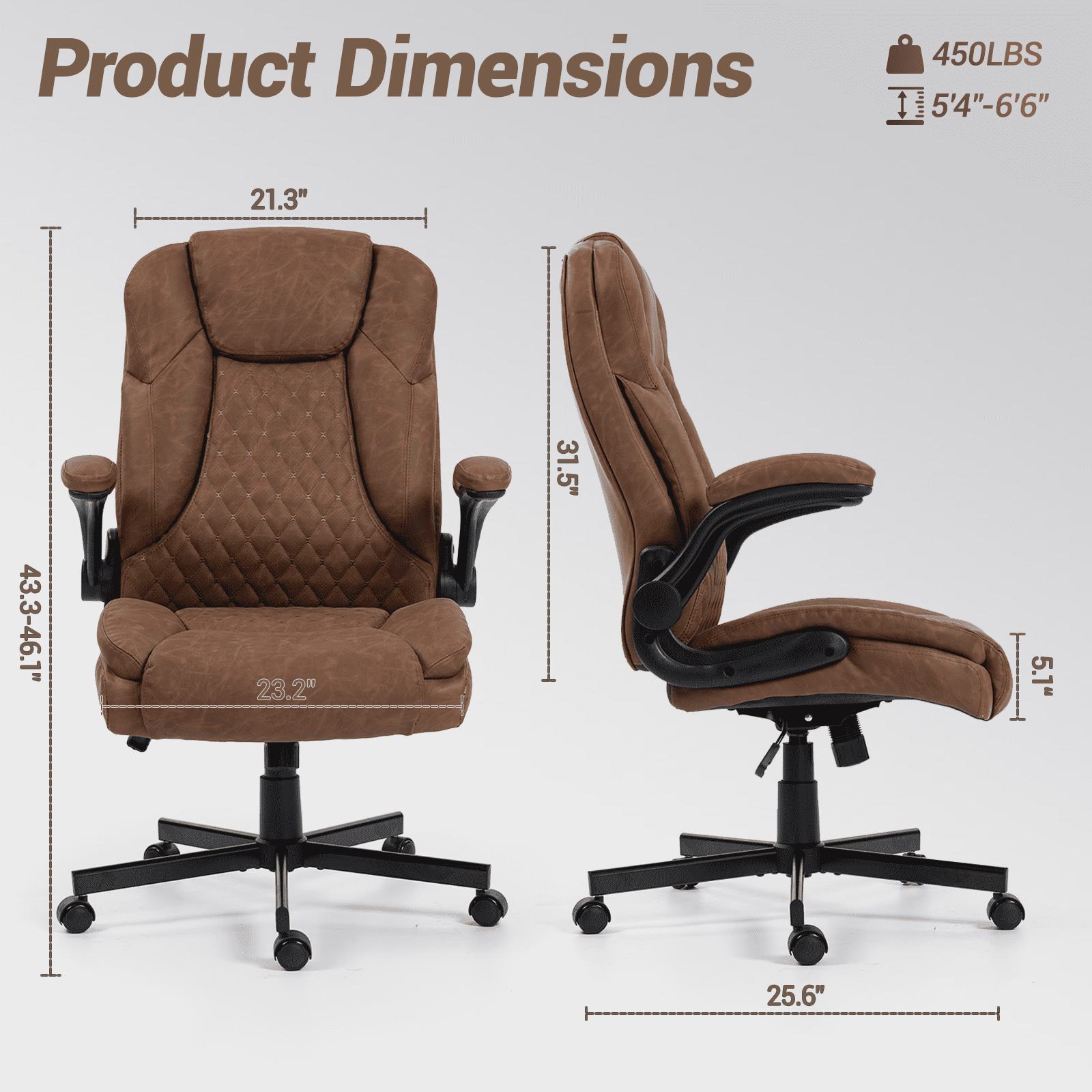 WENTUM High Back Executive Office Chair, Ergonomic Computer Desk Chair with Rocking Function, PU Leather, Flip-Up Armrests and Lumbar Support, Brown