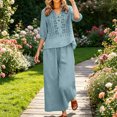 thumbnail image 6 of CIENVNSTG Linen Sets For Women 2 Piece Casual Vneck Embroidered 3/4 Sleeve Tops Wide Leg Linen Pants Set Mature Women Clothing Light Blue XL, 6 of 6