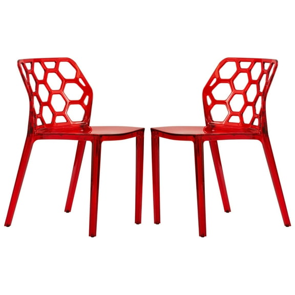 LeisureMod Dining Chair Stackable Accent Side Chair Transparent Modern Kitchen Chair with Honeycomb Back Design for Dining Room and Kitchen Dynamic Collection in Transparent Red Set of 2