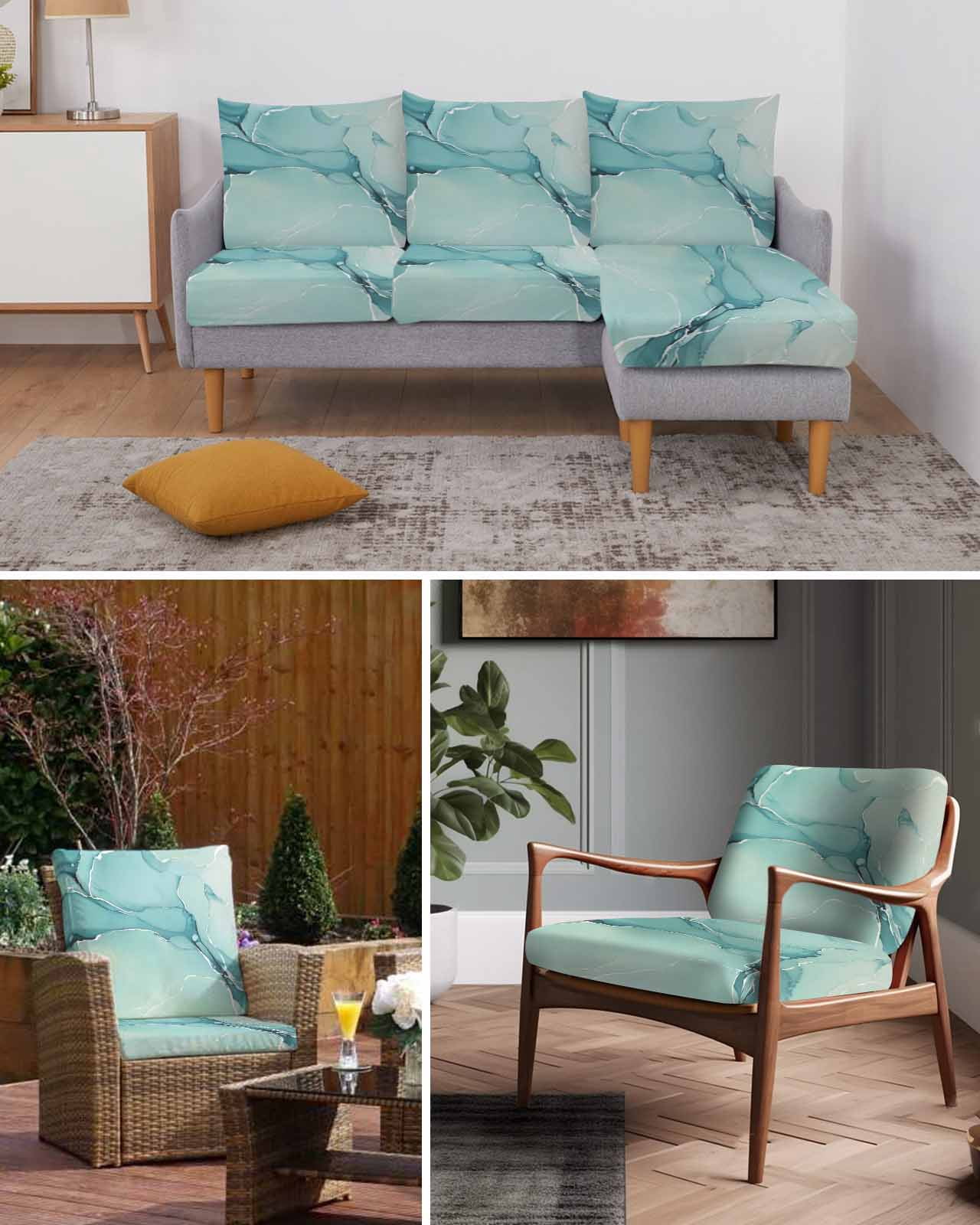 Turquoise Couch Cushion Covers,Stretch Seat Cushion Covers for Sectional Sofa,Modern Marble Ink Painting Abstract Art Individual Sofa&nbsp;Slipcovers Furniture Protector with Elastic&Straps 1Pcs,S