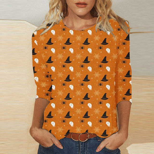 Ichuanyi liquidación de la moda femenina de tres cuartos de manga retro redonda de cuello redondo halloween tops suelto blusa tres cuartos de manga ICHUANYI WER202308216856
