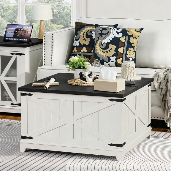 Buildhom Farmhouse Lift-Top Coffee Table with Hidden Storage, Square Center Table for Living Room, Office, White
