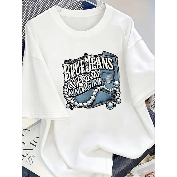 Blue Jeans Pearl Pattern Graphic T-Shirt for Women, Cotton Short Sleeve Crew Neck