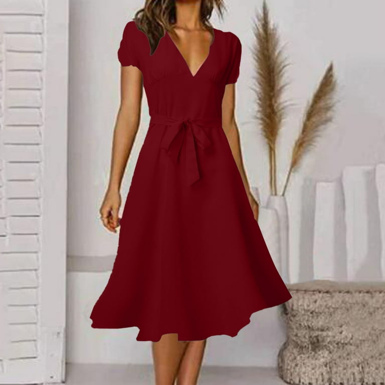 WTXUE Dresses for Women 2024 Women Casual V Neck Solid Color Multicolor Strap Decoration Elegant Dress Red Dresses for Women 2 Dark Red XL