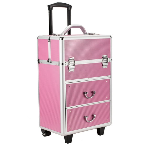 4 Tier Lockable Travel Makeup Train Case with Extendable Trays Rolling Cosmetic Storage Case