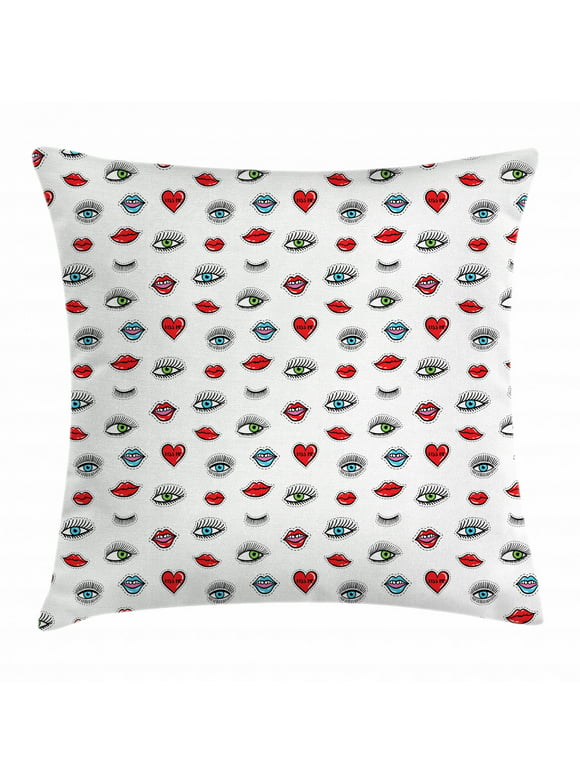 Emoji Throw Pillow Cushion Cover, Beauty Illustration of Open and Close Eyes in Hand Drawn Style with Hearts and Lips, Decorative Square Accent Pillow Case, 16 X 16 Inches, Multicolor, by Ambesonne