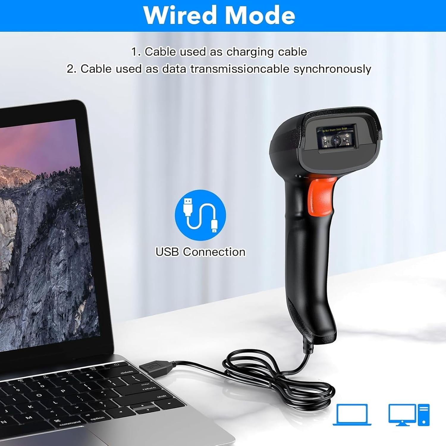 USB Barcode Scanner Handheld Wired Automatic Bar Code Scanner with Long USB Cable for Mobile Payment, Convenience Store, Supermarket, Warehouse