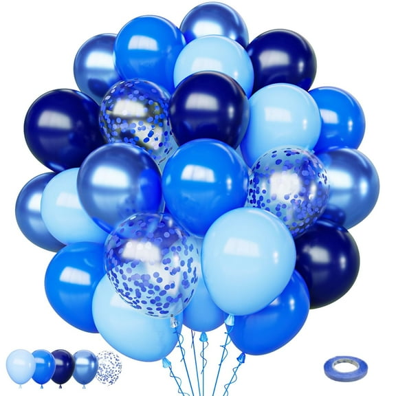 65 Pcs 12 Inch Blue Balloons Set, Metallic Blue,  Navy & Pastel Royal Dusty Blue Balloons for Birthdays, Father's Day, Graduation, Wedding, Anniversary Party Decorations (2 Ribbons)