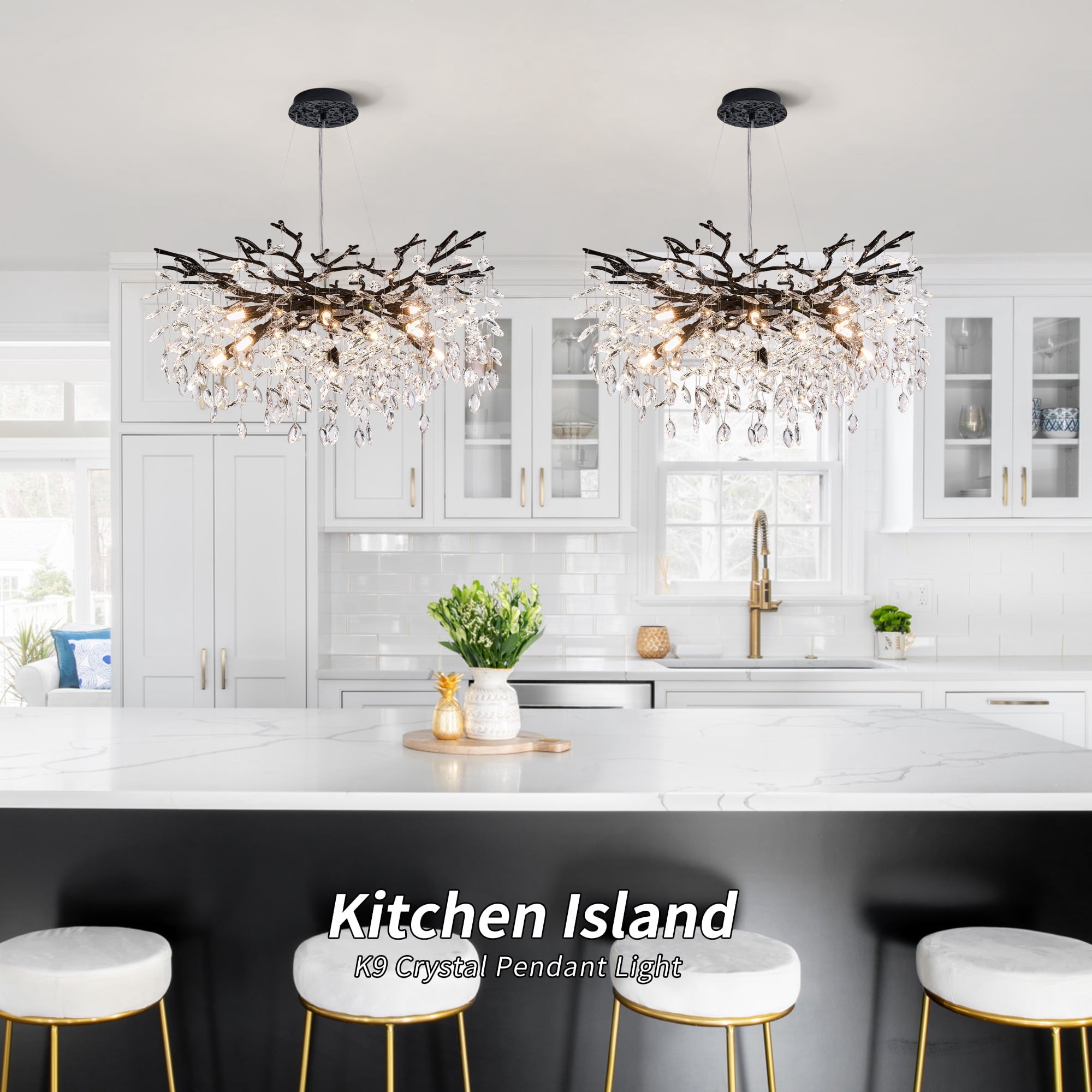 Modern Tree Branch Crystal Chandelier, Adjustable Height 20-78.7 Inches, Luxury Black Metal & Sparkling Crystal Lighting Fixture for Dining Room, Living Room, Bedroom