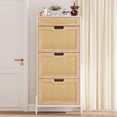 thumbnail image 5 of FOLDLIFE Rattan 3-Tier Slim Shoe Cabinet with 3 Flip Drawers and Metal Leg,Farmhouse Freestanding Rattan Shoe Storage Organizer, Narrow Shoe Rack, Hidden Wood Design,White+Oak, 5 of 9