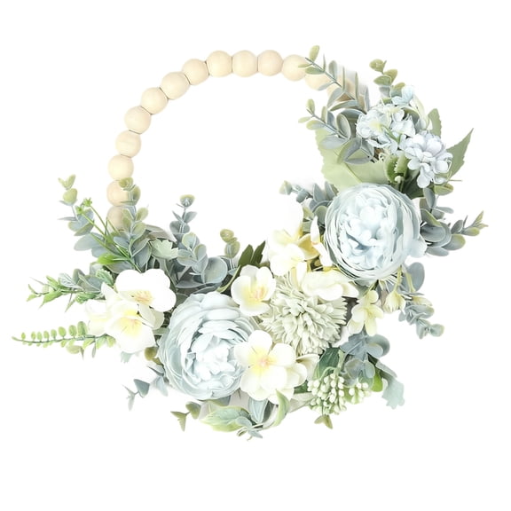 Blue Floral Wreath, 34 Wood Bead Farmhouse Door Wreath, Bohemian Style Wreath with Faux Peony Flowers, Elegant Wreath for Front Door, Wall Decor for Living Room, Bedroom, Window, Wedding
