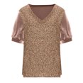 thumbnail image 4 of Feancey Today's Deals of The Day Sparkly Tops for Women Sequin Splicing Velvet T Shirts Dressy Casual Short Sleeve V Neck Glitter Blouses Spring Summer Elegant Party Tee Shirts Khaki XL, 4 of 7