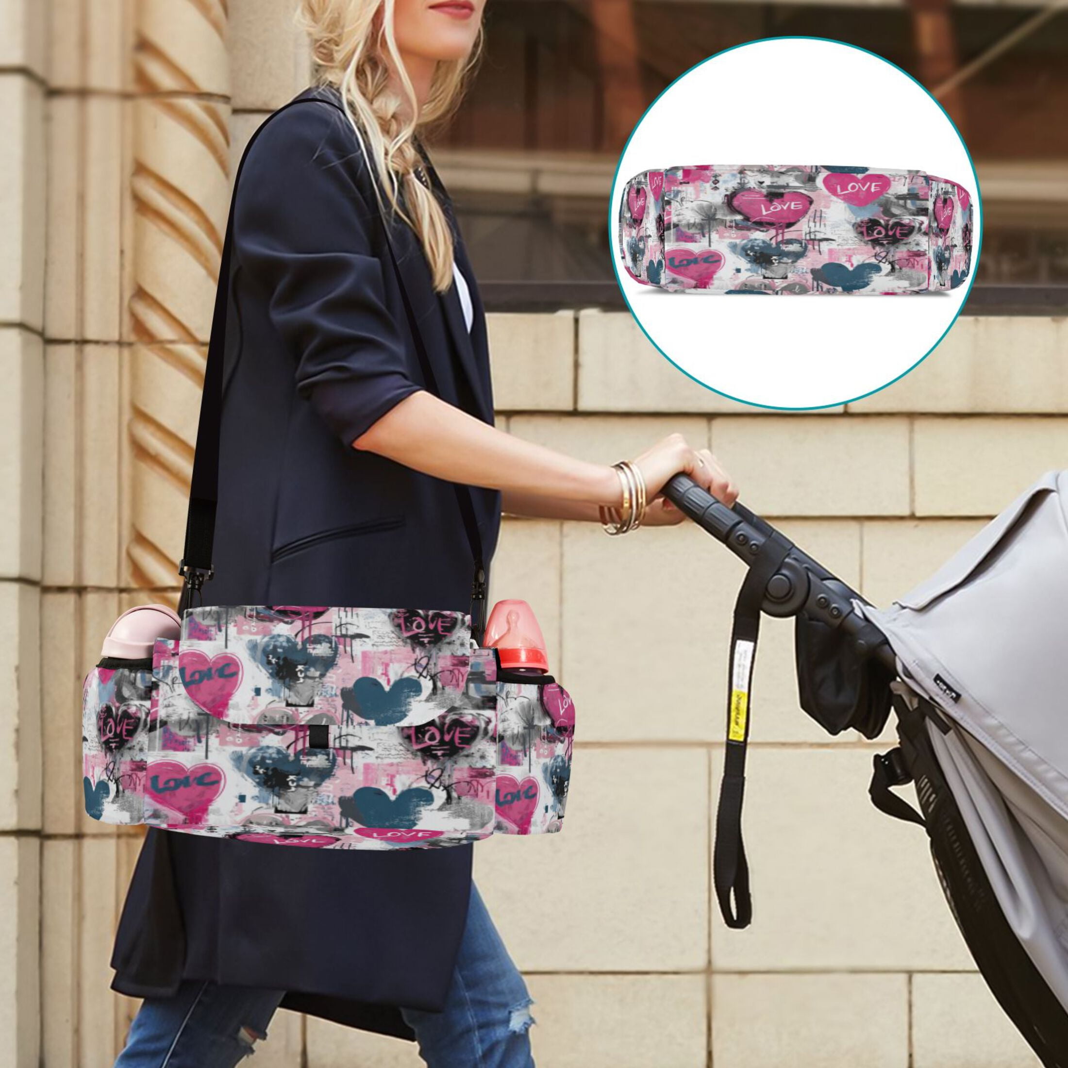 DIXRUYEE Stroller Organizer Pink Love Graffiti Printed