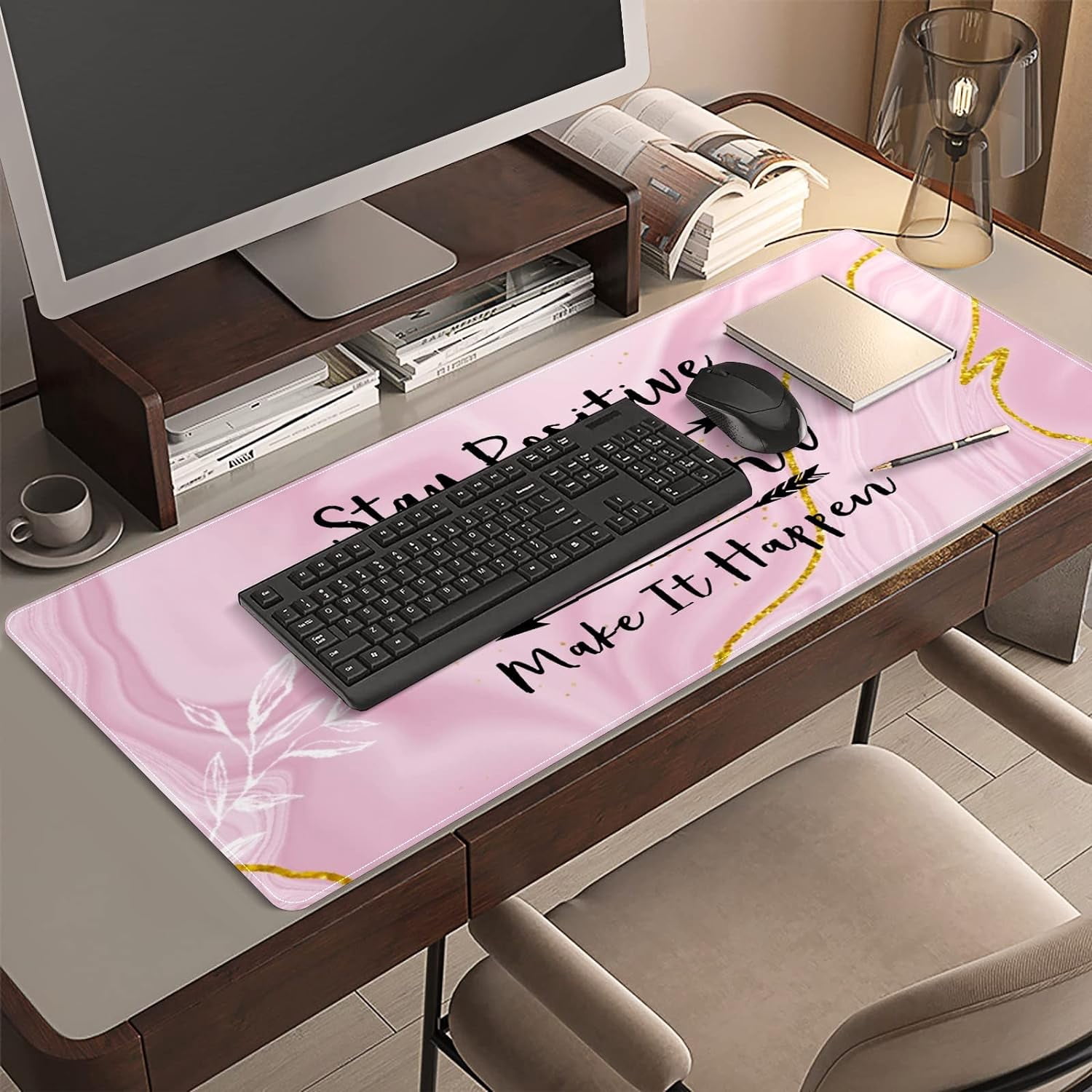 Pink Marble Gold Desk Mat, Desk Accessory, Cute Workspace, Trendy Workspace, Trendy, 35.4x15.7in Large Gaming Mouse Pad, Cute Desk Topper, Pretty Desk Pad