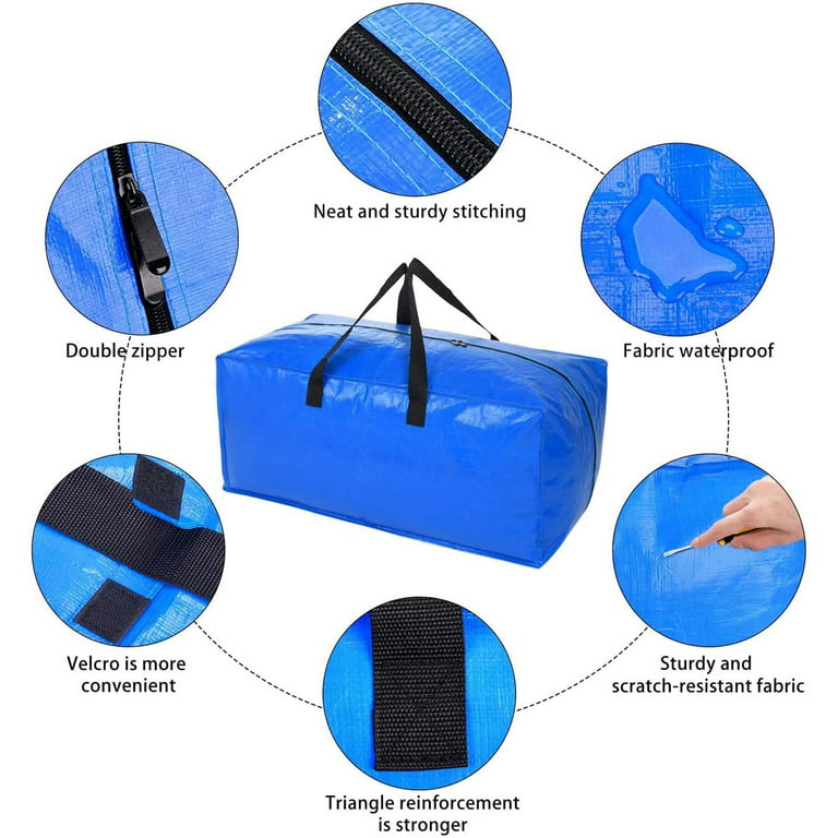 2 Pack Heavy Duty Moving Bags, Extra Large Storage Totes W/ Backpack Straps  Strong Handles Zippers, Reusable Plastic Moving Totes,Blue 