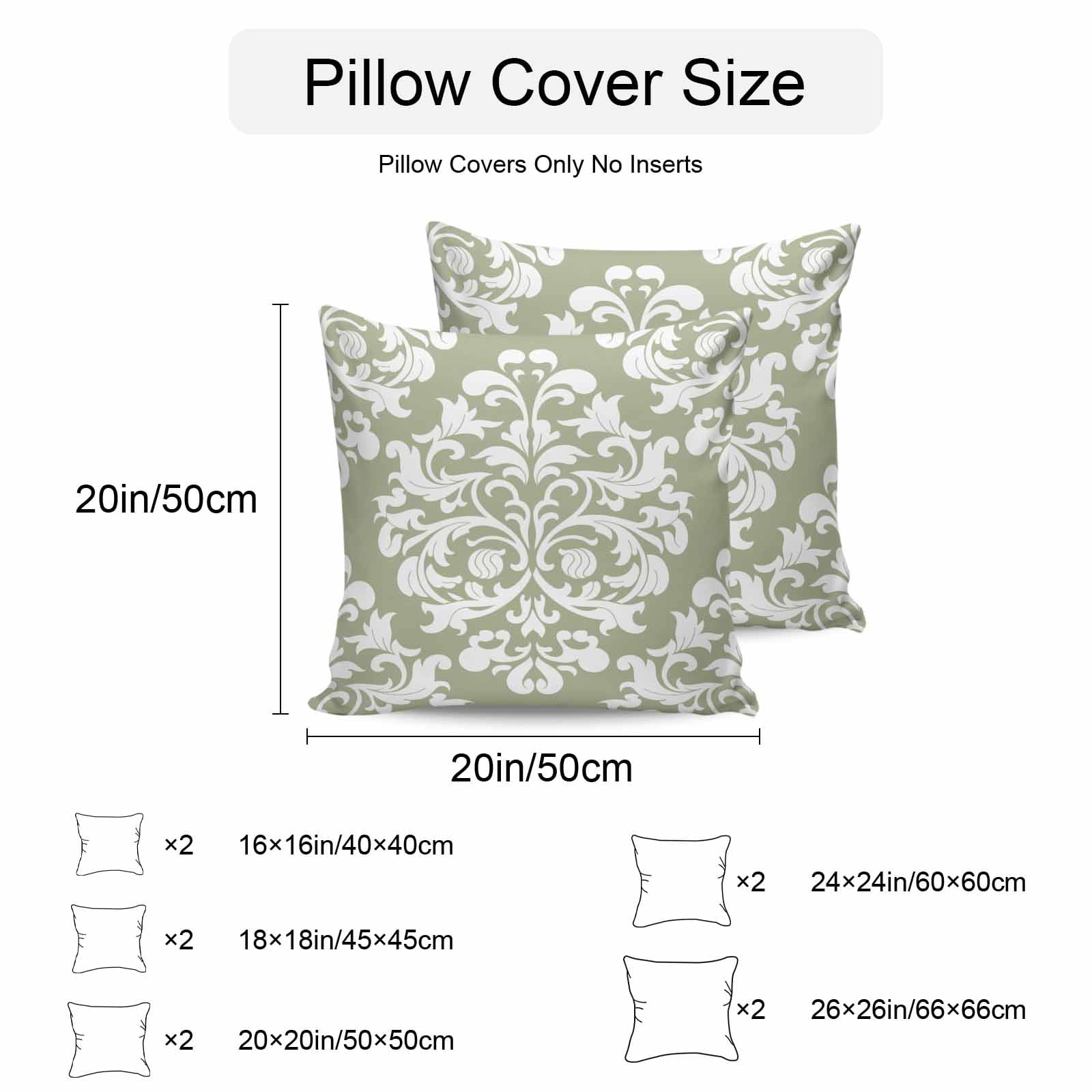 Baroque Sage Green Outdoor Pillow Covers 26x26 Inch Throw Pillow Covers Set of 2 Waterproof Decorative Pillow Cases Vintage Damask Classic Floral Cushion Covers for Patio Furniture Garden Couch Sofa