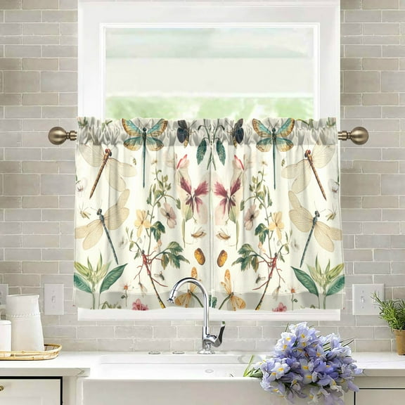 Wobogo Dragonfly Print Painting Kitchen Curtains 2 Piece Set Farmhouse Country Style Light Filtering Small Window Drapes Suitable for Bathroom Laundry Room and RV 27x24in