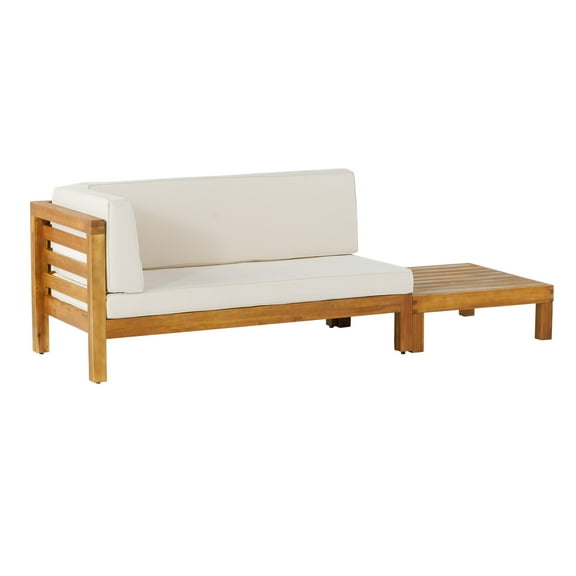 Kaena Acacia Wood Outdoor Left Arm Loveseat and Coffee Table Set with Cushion, Teak and Beige