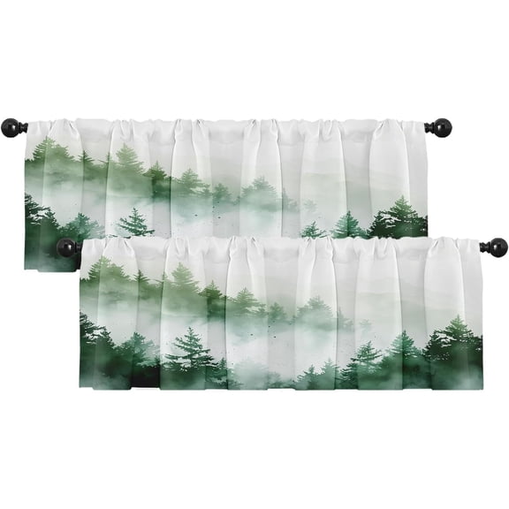 2 Pack Valances Window Treatments, Misty Forest Green Nature Tree Mountain Blackout Drapes Adjustable Curtain Valances for Windows Living Room Kitchen Over Sink, 18x52 Inch Rod Pocket Valances