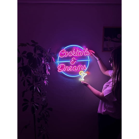 Cocktails and Dreams Neon Sign, Neon Metal Wall Decor, Neon Metal Wall Art, Neon Wall Sign, Neon Wall Decor, Led Room Decor, Home Bar Neon Sign (Without Remote Control)
