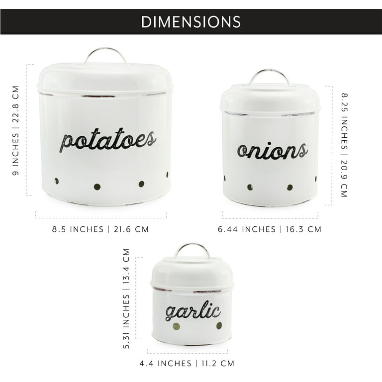 AuldHome Farmhouse White Enamelware Canisters (Set of 3); Storage Containers for Coffee, Tea and Sugar in White Enamel and Wood