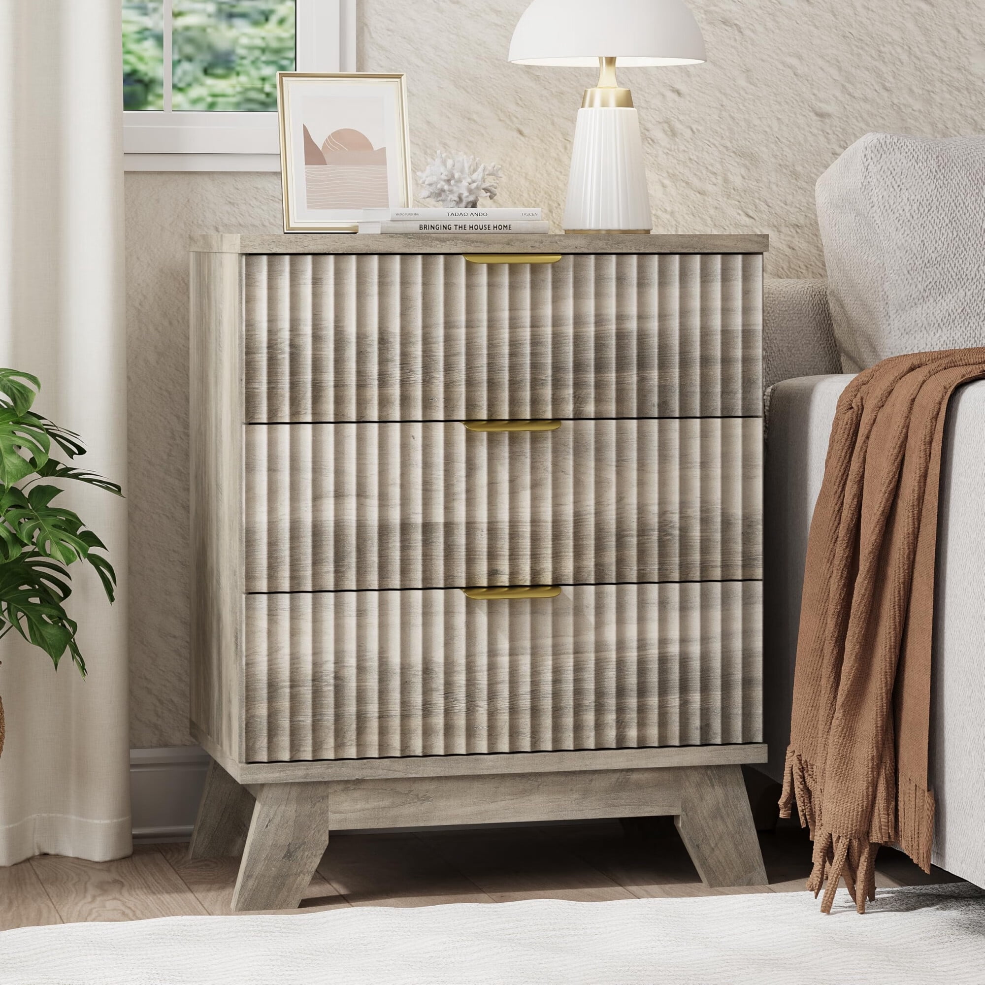FANRAL Nightstand Set of 2,3 Large Drawer 30" Tall Night Stand,24" Wide Side Table,Wood Fluted Bedside Table Modern End Table Small Dresser for Bedroom,Gray Nightstand