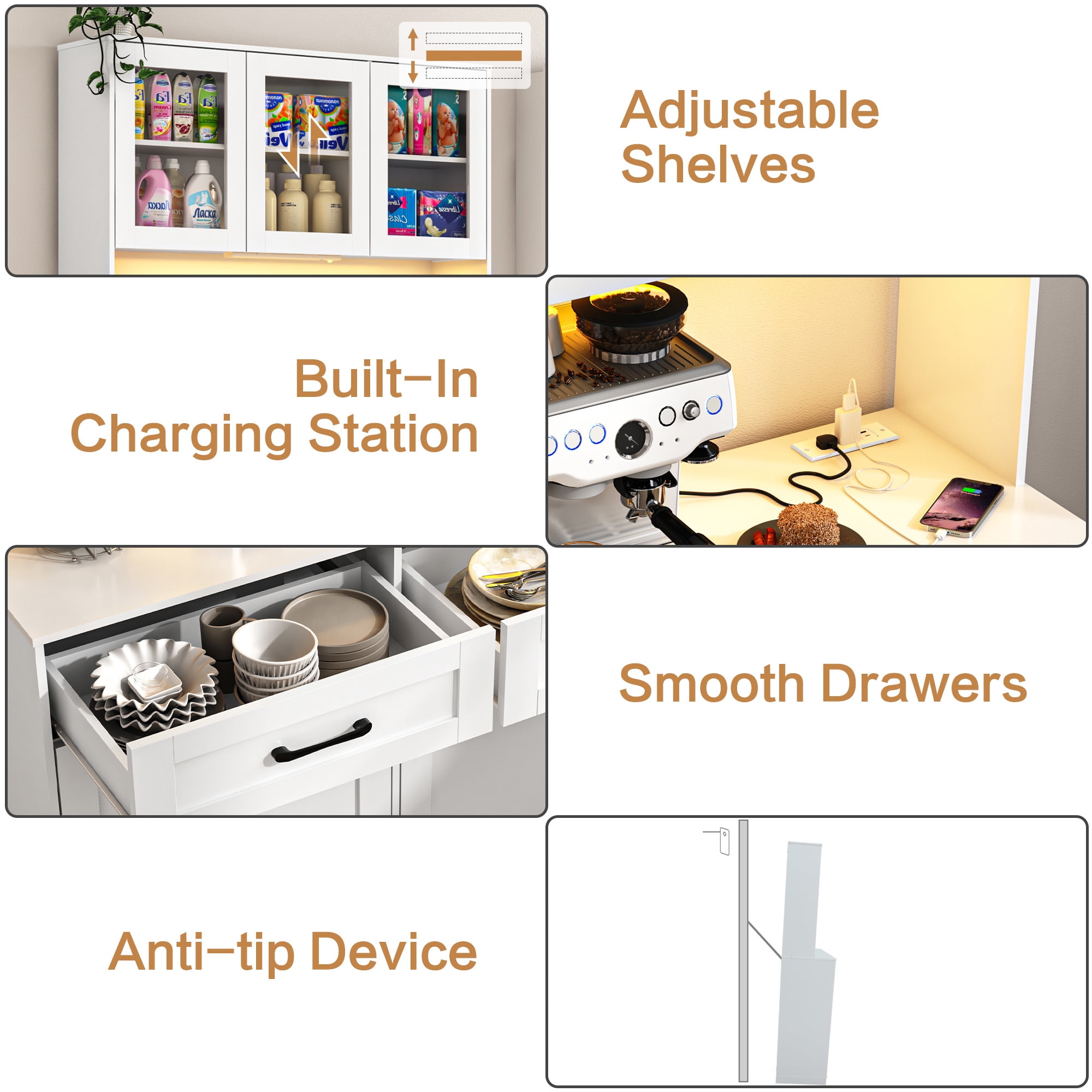 ANPOO 72.1"H Kitchen Pantry Storage Cabinet with Power Outlets & LED light, Kitchen Double Tilt Out Trash Cabinet 13X2 Gallon Garbage Holder with Two Drawers, Freestand Laundry Sort Cabinets