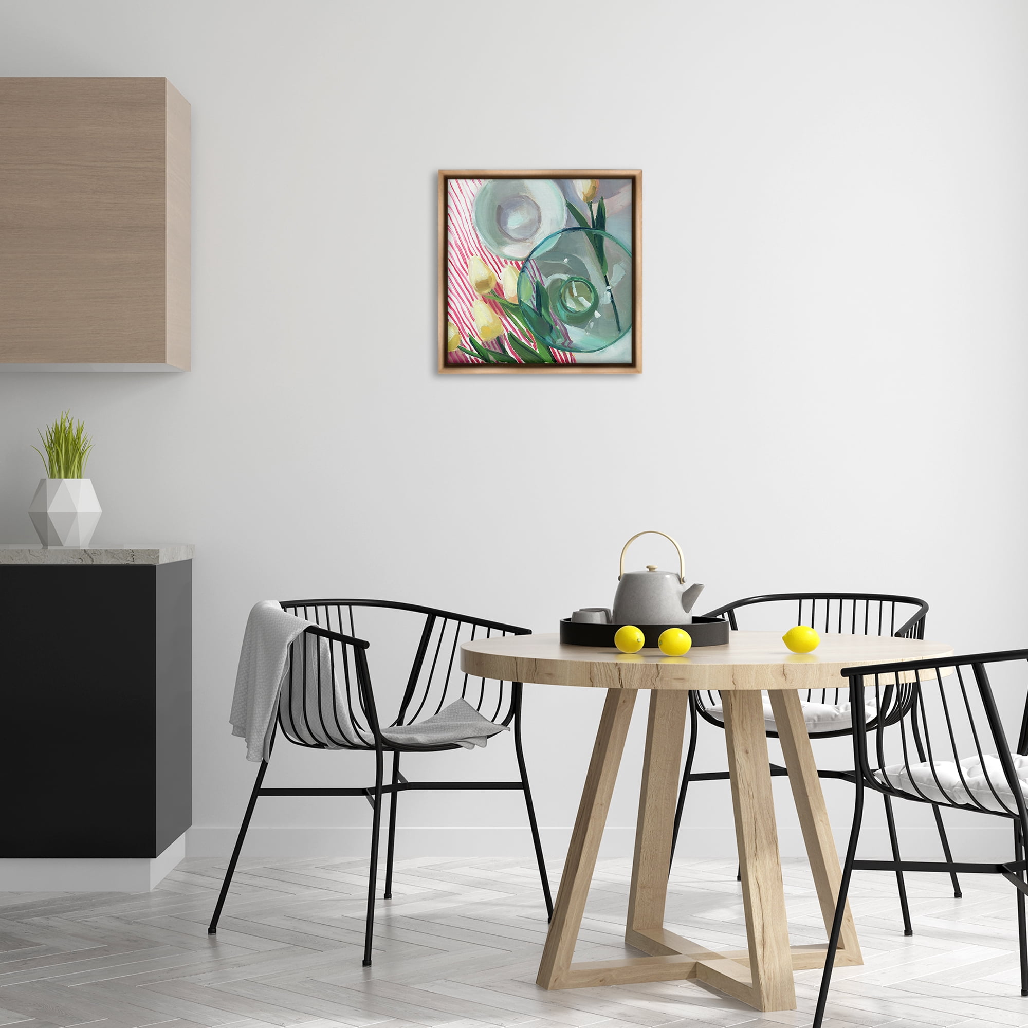 Stupell Industries Glasses & Tulips Still Life Plants & Flowers Painting Brown Floater Framed Canvas Art Print Wall Art, 18 x 18