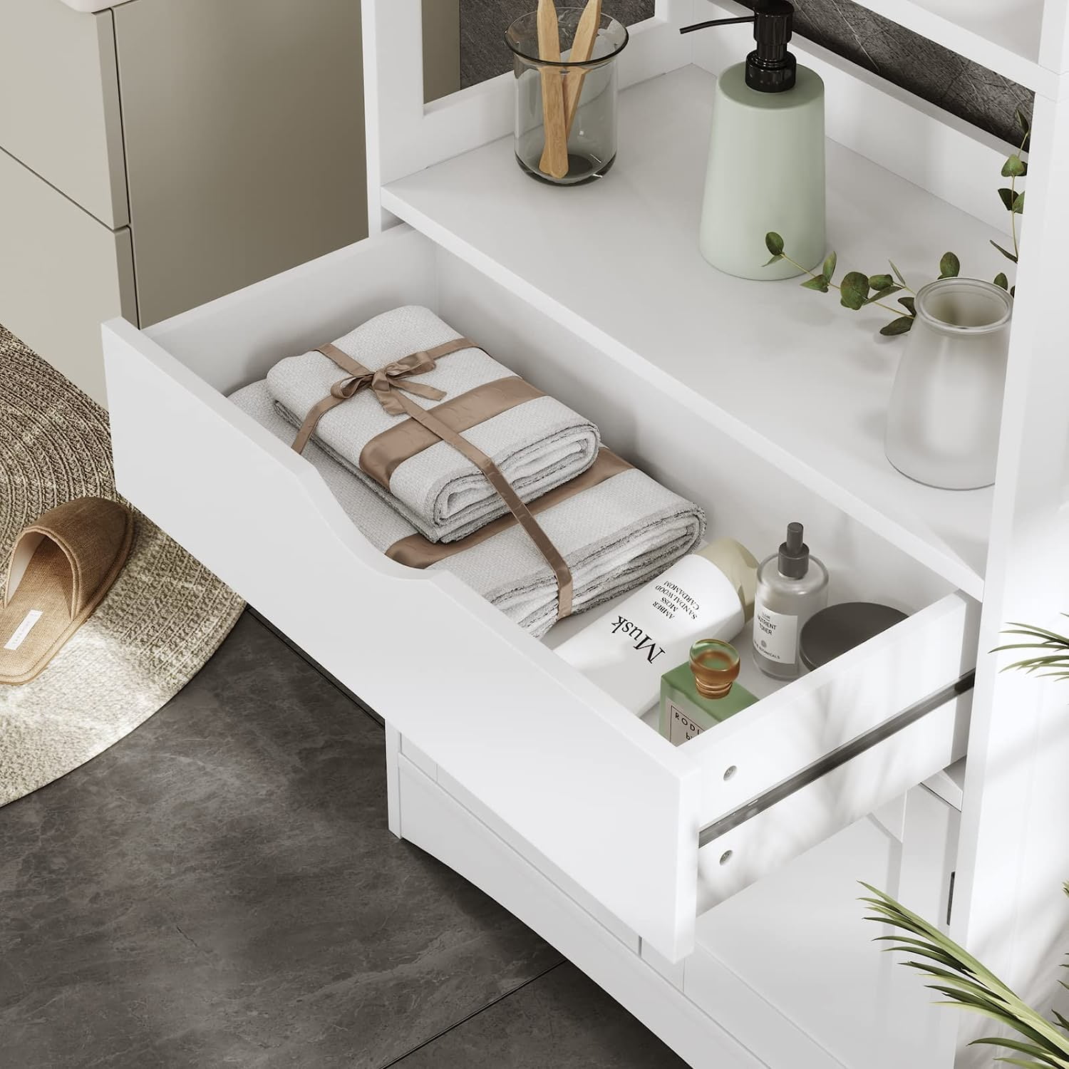 Sideboard Storage Cabinet with Drawer&Shelves, Kitchen Pantry Storage Cabinet with Microwave Space&Cupboard, Modern Freestanding Floor Bathroom Cabinet/Bookshelf for Home Office, White