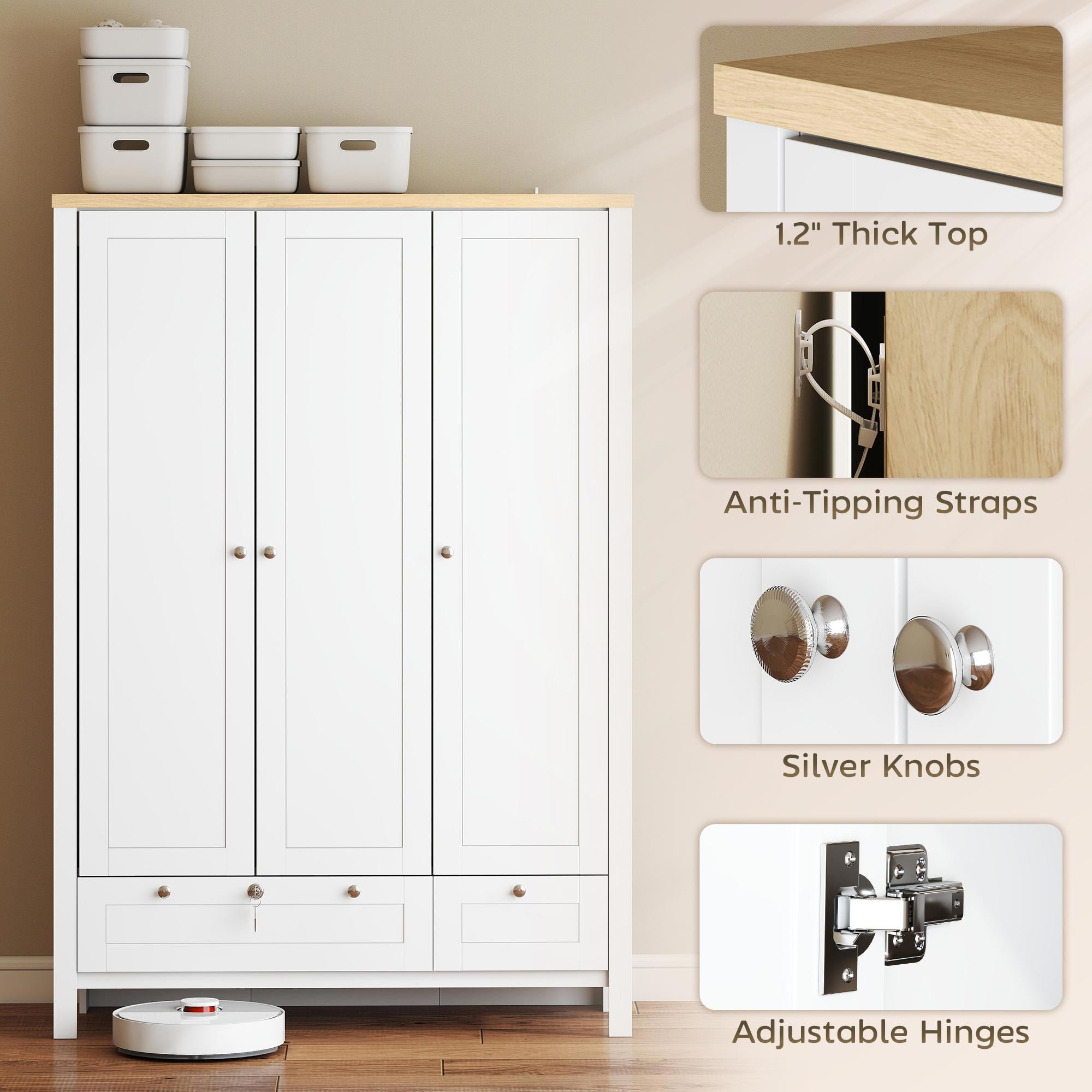 Demi Bonn 3-Door Closet Wardrobe with Lockable Drawers, Armoire for Bedrooms, Storage Shelves & Hanging Rod for Organizing Clothes and Accessories, White