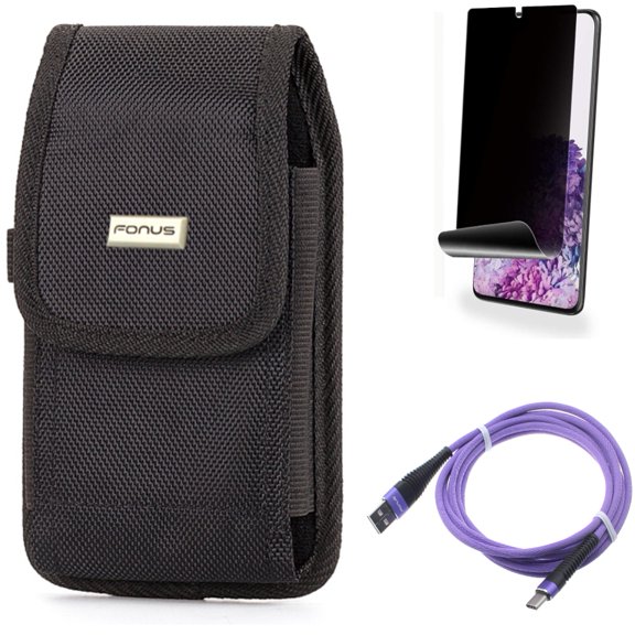 10ft USB Cable w Case Belt Clip w Privacy Screen Protector for Samsung Galaxy S20 Plus - Purple Type-C Charger Cord, Rugged Holster Canvas, TPU Film [NOT GLASS] [Fingerprint fits Galaxy S20 Plus