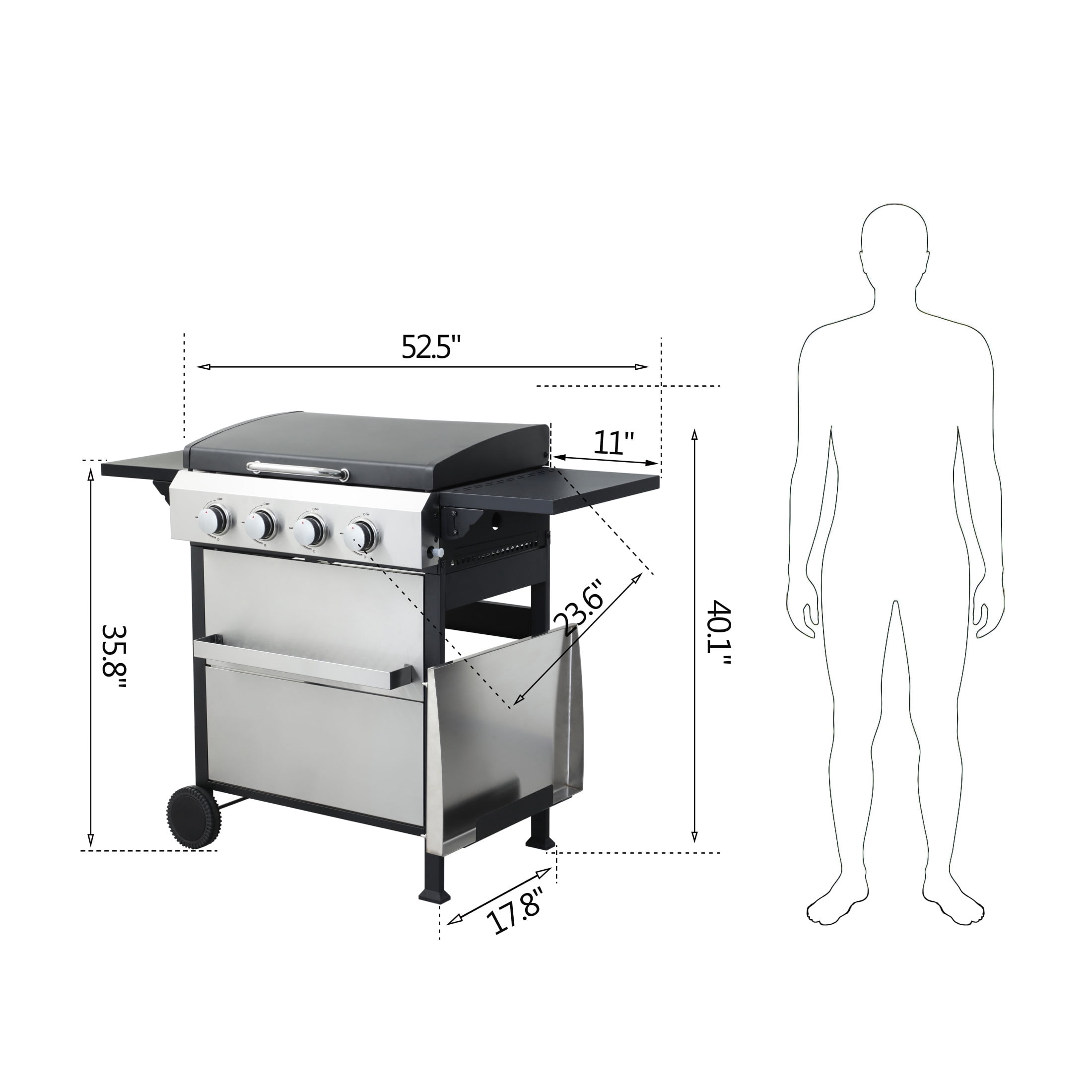 Veridion 4-burner 49200BTU Propane Gas BBQ Grill with Foldable Side Table, Hanging Basket, Enamel Cooking Grids, Stainless Steel, Black + Grey