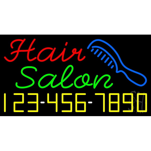 Red Hair Salon with Comb and Number LED Neon Sign 20 x 37 - inches, Black Square Cut Acrylic Backing, with Dimmer - Bright and Premium built indoor LED Neon Sign for Defence Force.