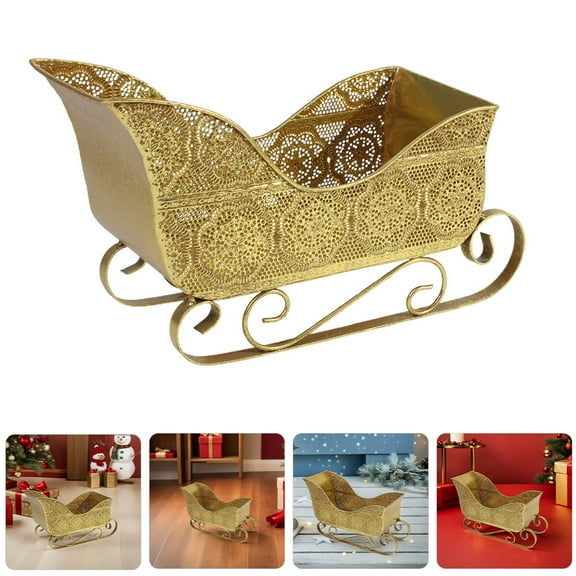 OFFIGAM Golden Metal Santa Sleigh Christmas Decoration with Vintage Rustic Charm and Candy Storage for Holiday Desktop Display