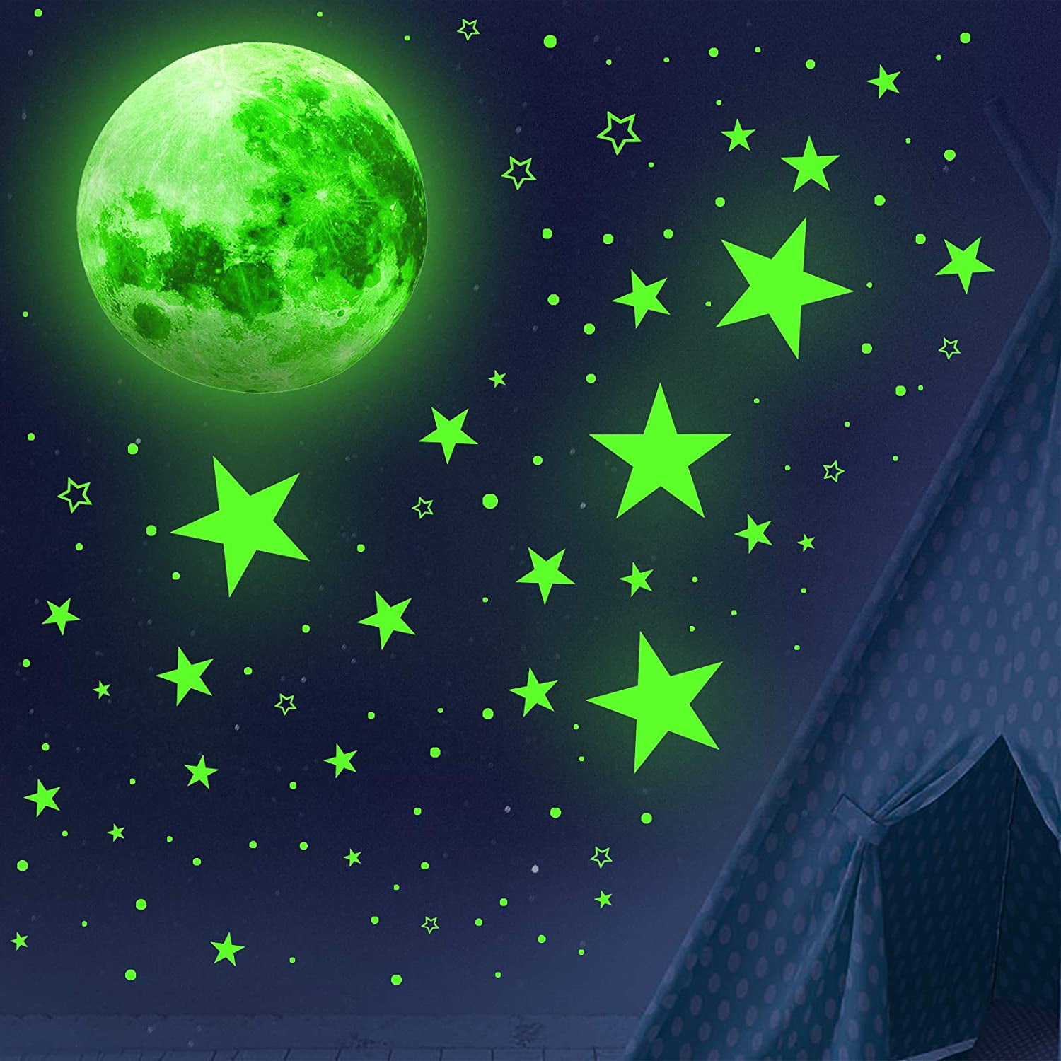 Glow Stars Stickers for Ceiling Glow in The Dark Stars and Moon Wall Decals, 1003 Pcs Glow Stickers for Kids Wall Decors, Nursery Bedroom Living Room (Green)