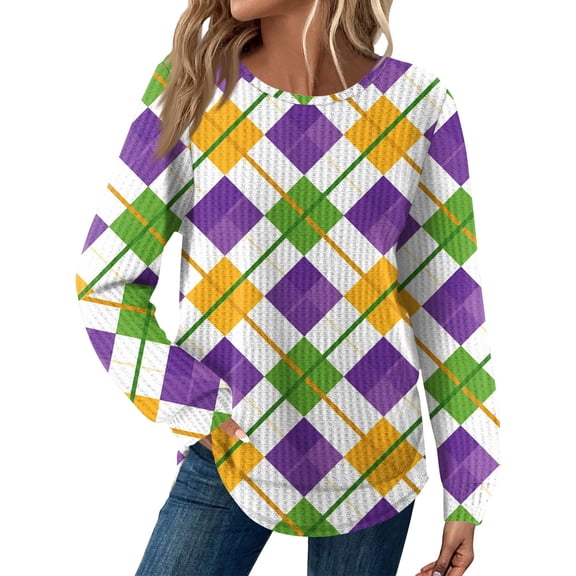 Mardi Gras Shirts Womens Sequins Carnival Crew Neck Tunic Tops Feathers Print Long Sleeve Green T Shirts White S