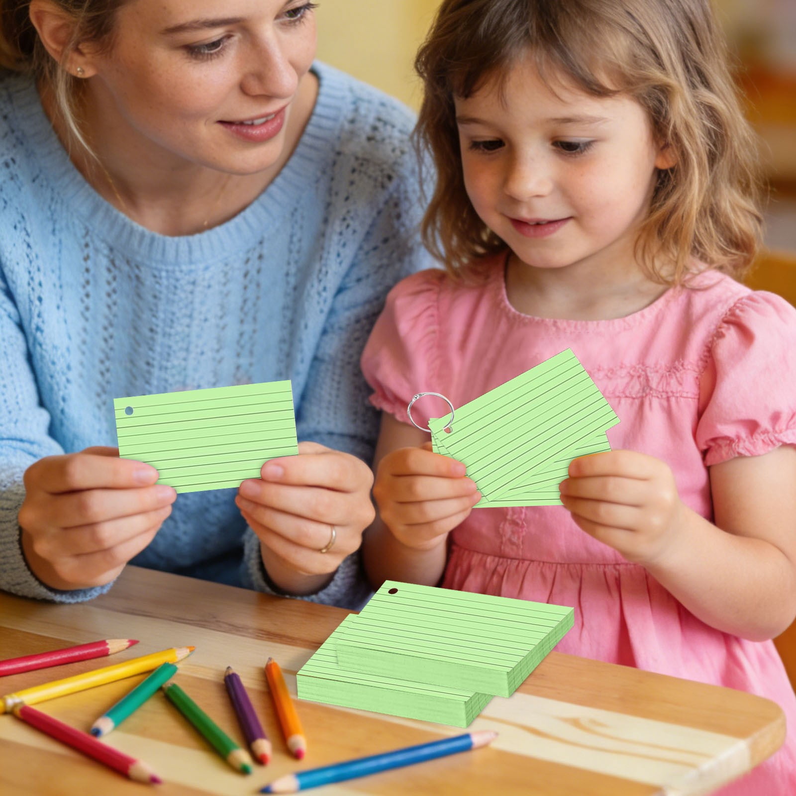 Index Cards 3x5 Inch with Key Ring, Color Flash Index Card 100 Sheets Each, Durable Portable Note Taking for Students Teachers Study Note Cards for Office Home Office