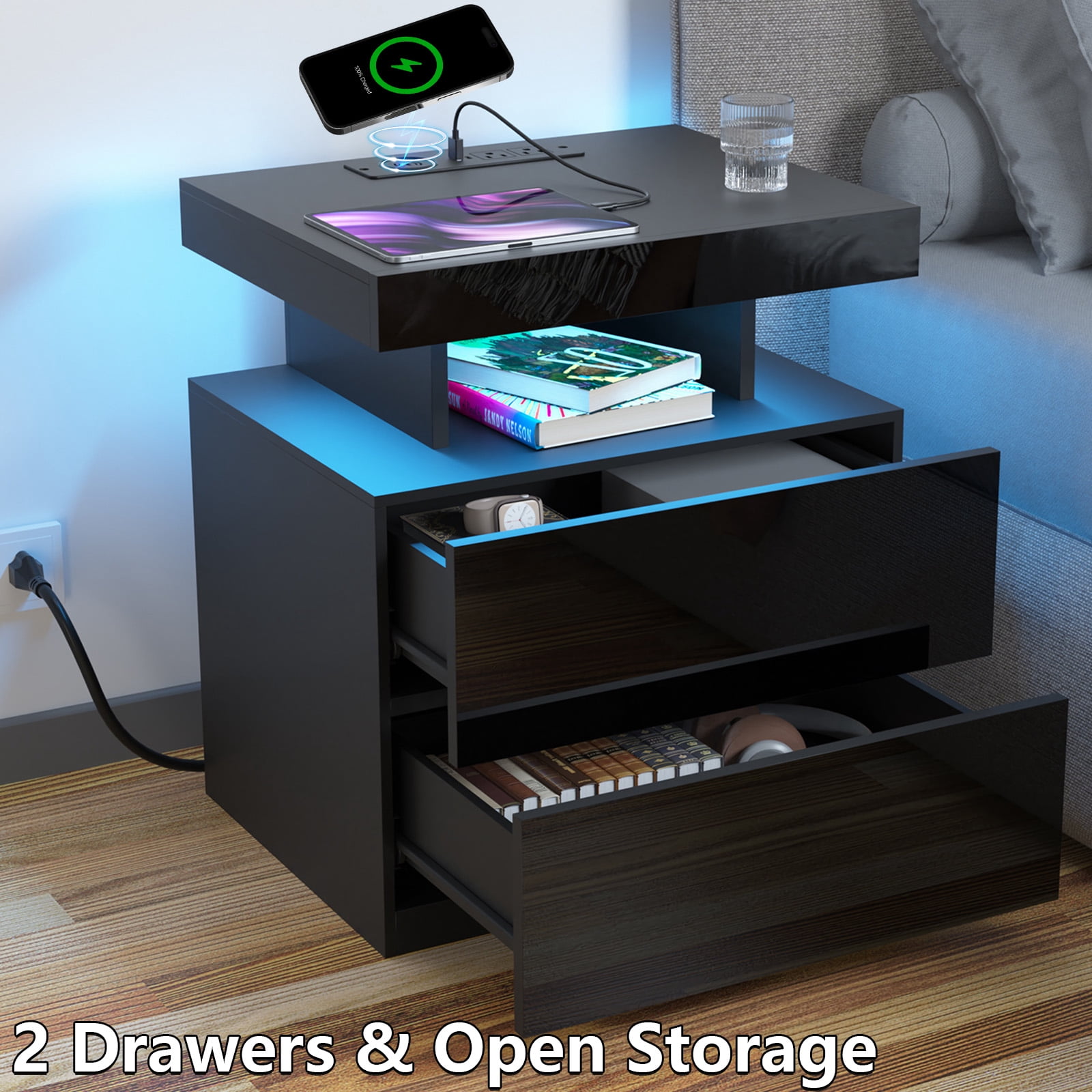 Hommpa Modern LED Nightstand with Charging Station USB Type C 2 Drawer Bedside Table High Gloss Black Smart Nightstands End Side Table for Bedroom