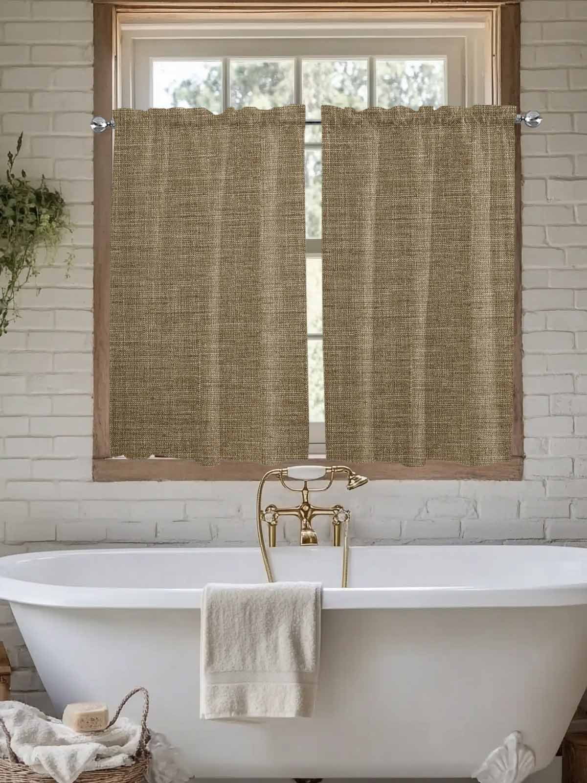 Brown Kitchen Curtains 54 Inches length, Farmhouse Burlap Solid Beige Color Modern Linen Texture Window Treatment Curtain Drapes, Decorative Window Curtains for Bedroom Cafe, 52"x54", 2 Panels